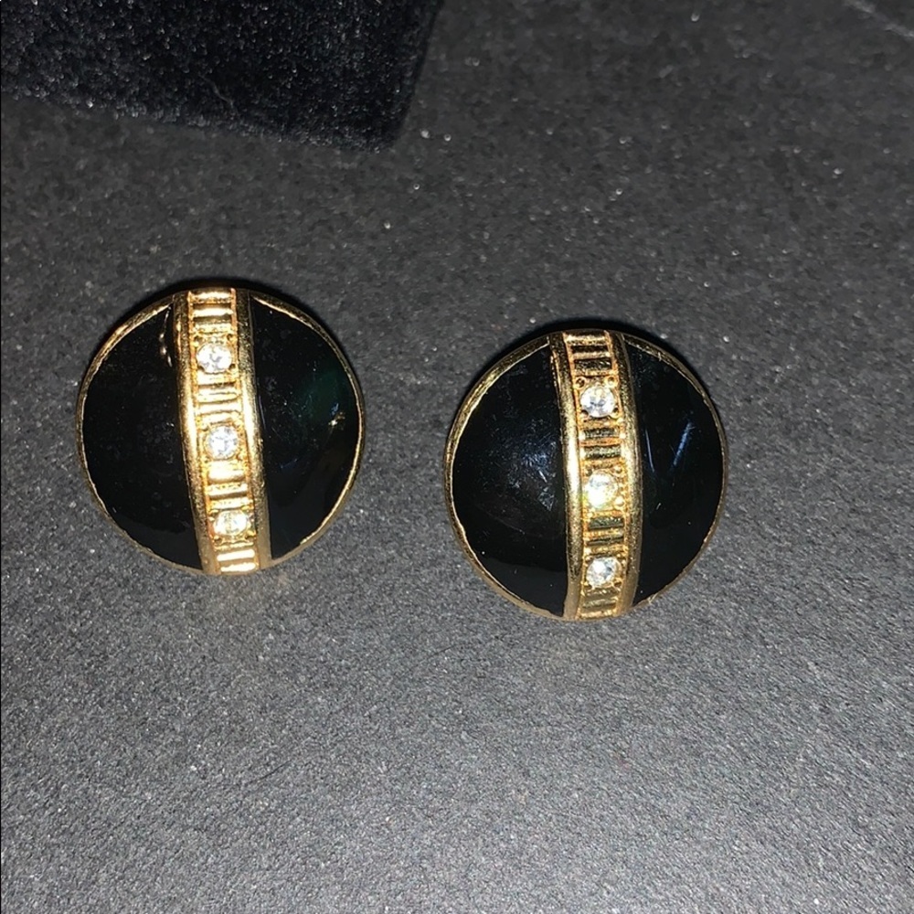 Enamel Black, Gold, and Rhinestone Post Earrings